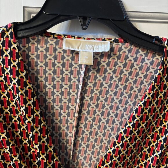 Michael Kors Red/Black/Gold Long Sleeve V-Neck Dress - Size Medium - Picture 3 of 3